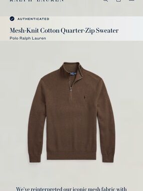 Polo by Ralph Lauren Brown Mesh-Knit Cotton Quarter-Zip Sweater